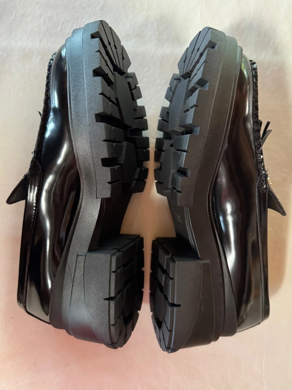 Zara Black Patent Leather Tassel Track Sole Chunky Platform Loafers (38/7.5)